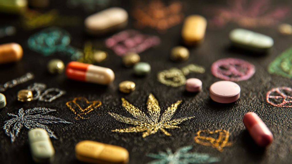 Représentation de drogue et d'un logo d'une feuille de CBD.