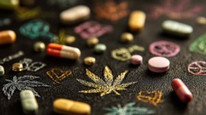 Représentation de drogue et d'un logo d'une feuille de CBD.